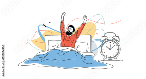 Man waking up feeling refreshed and energized ready to start the day with a smile