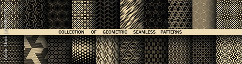 Geometric set of seamless black and golden patterns. Simple vector graphics