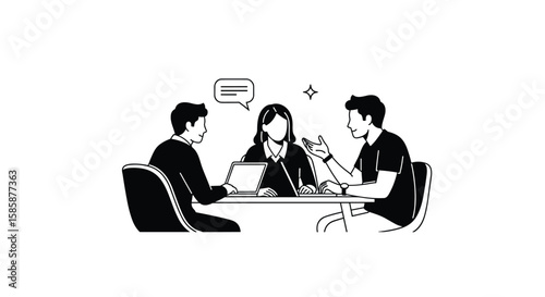 Three diverse professionals engaged in a collaborative meeting discussion around a table discussing business strategy