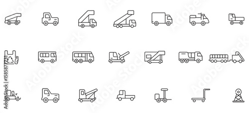 Airport Ground Support Transport Line Icons Pack - Vector Icons for Aircraft Services, Baggage Handling, Refueling, and Terminal Operations Design