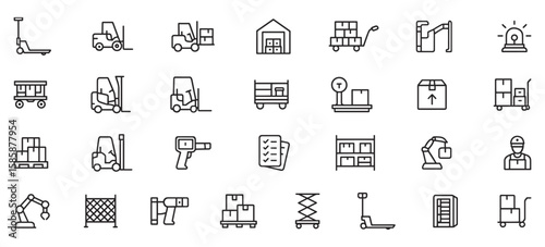 Warehouse Operations & Equipment Line Icons Pack – Unique Vector Symbols for Logistics, Storage, Material Handling, Forklifts, Pallet Jacks, and Inventory Management