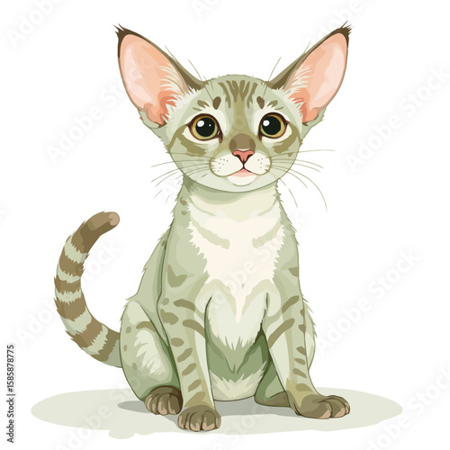 Cute green tabby cat sitting with big ears and cheerful expression  