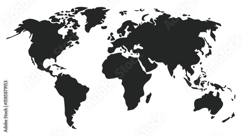 A stylized black and white map of the entire world showing continents and oceans