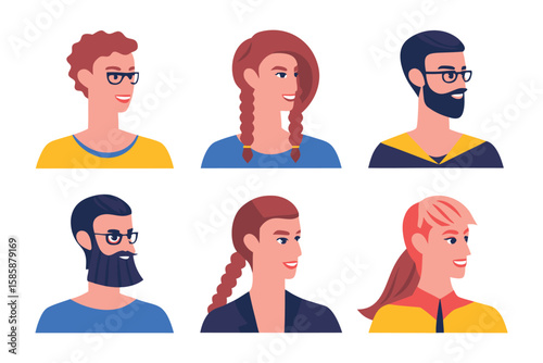 Profile Portraits of Diverse Individuals: This artistic illustration showcases six unique profiles, each a distinctive portrayal of individuality, creativity, and personal style. The individuals.
