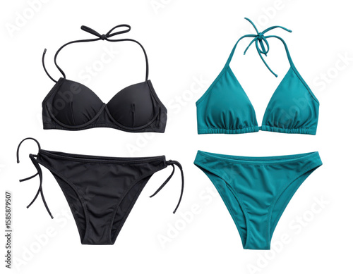 Two women's bikini sets in black and teal with halter tops and tie-side bottoms on transparent background