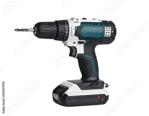 Cordless drill driver with lithium battery pack and drill bit attached on transparent background