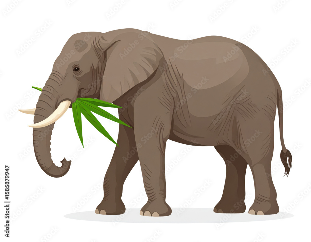 Fototapeta premium African elephant eating green leaves with tusks and trunk in natural feeding pose