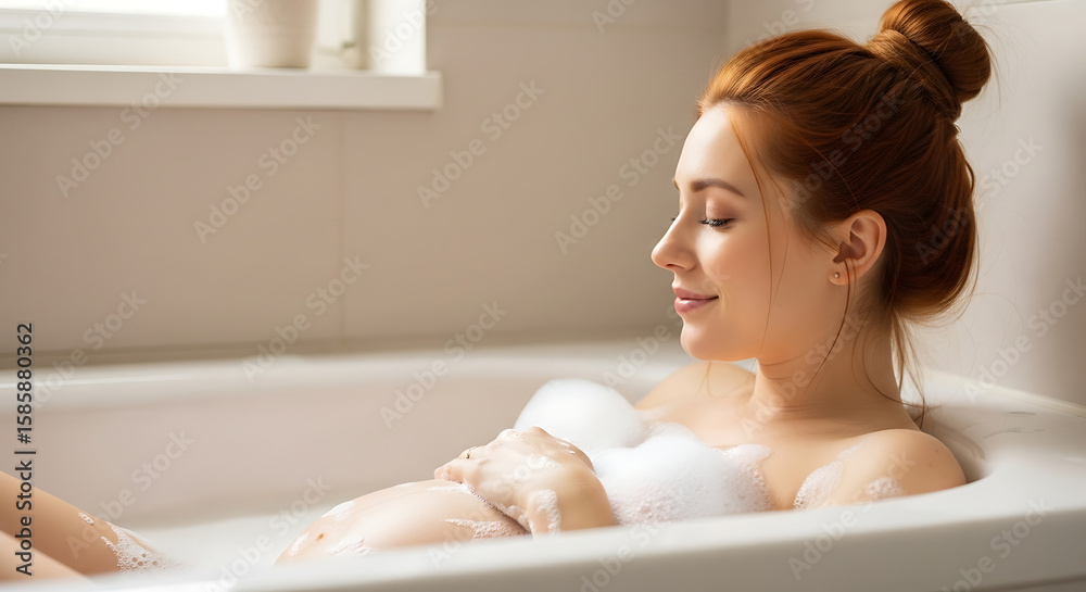 Naklejka premium A serene woman relaxes in a luxurious bubble bath.