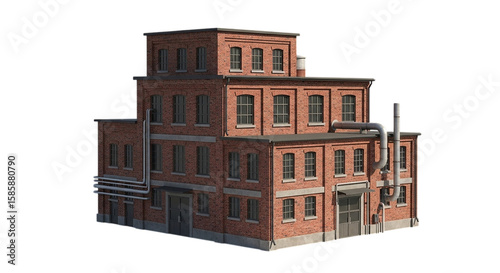 Industrial brick building with pipes and windows on a white background, representing factory structures and manufacturing facilities
