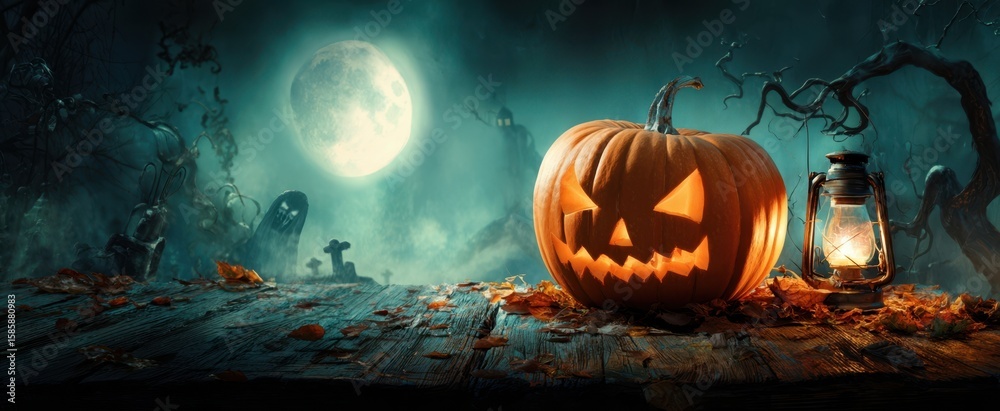 Naklejka premium The glowing jack-o'-lantern amidst a haunting Halloween landscape.