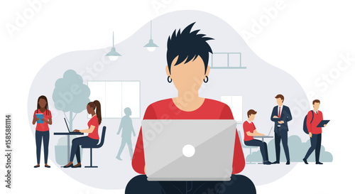 Diverse group of people working and studying together in a modern, bright co-working space with laptops and technology.