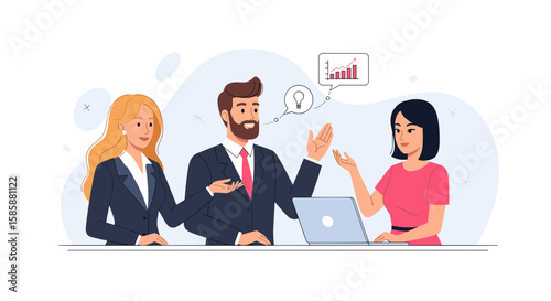 An engaging illustration depicts a diverse business team collaborating on new ideas and analyzing growth strategies during a productive meeting.