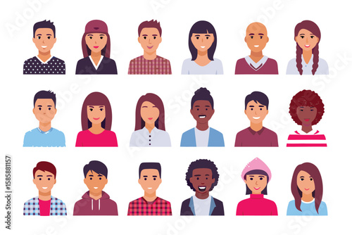 Diverse People Avatar Set: A collection of varied people avatars in flat vector style, presenting a range of personalities and appearances for digital use.