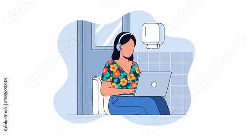 A vibrant flat illustration depicting a young woman wearing headphones and diligently working on her laptop while commuting or traveling.