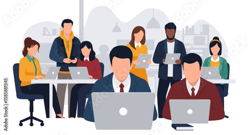 A diverse group of professionals collaborate in a modern office setting, utilizing laptops and tablets to achieve their business goals with teamwork and innovation.