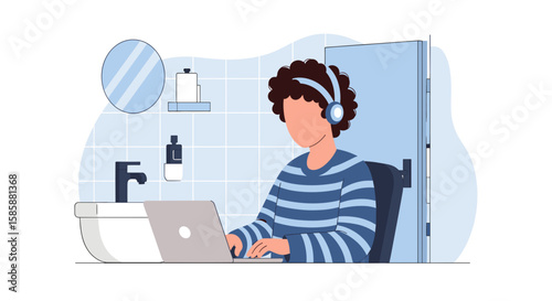 Young person with headphones works on laptop in modern bathroom, enjoying remote work and flexible lifestyle in a comfortable and stylish space.
