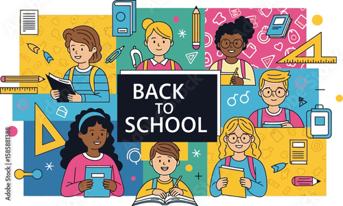 Cheerful students are ready for back to school, surrounded by books, pencils, and rulers in a colorful and fun cartoon illustration perfect for educational content.