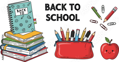 Back to School illustration featuring a stack of books, a notebook, pencils in a pouch, paper clips, and a cute apple, perfect for educational designs and creative projects.