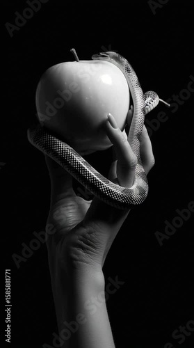 Apple and snakes intertwine to evoke temptation, original sin, desire, and modern interpretations of classic mythology. Blend of biblical symbolism and sensual fashion.	
