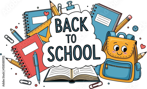 A vibrant back to school illustration featuring notebooks, pencils, pens, a ruler, paper clips, an open book, and a cute backpack, perfect for educational designs and promotions.