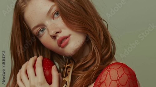 Redhead Sin. Apple and snakes intertwine to evoke temptation, original sin, desire, and modern interpretations of classic mythology. Blend of biblical symbolism and sensual fashion.	