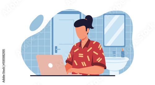 Remote work concept featuring an individual with a ponytail using a laptop in a bathroom, highlighting flexible work environments.