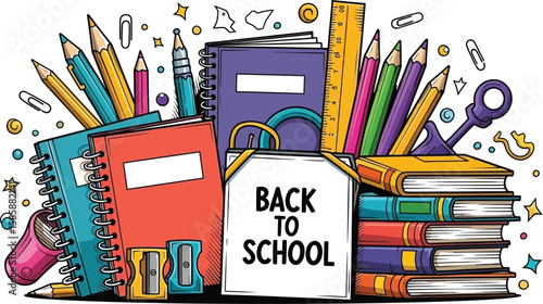 Back to School illustration featuring colorful books, notebooks, pencils, and a ruler, perfect for educational content and creative projects with a vibrant, hand-drawn style.