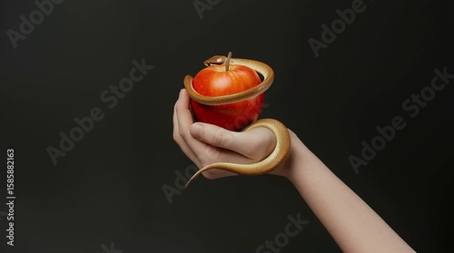Red Apple and snakes intertwine to evoke temptation, original sin, desire, and modern interpretations of classic mythology. Blend of biblical symbolism and sensual fashion.	