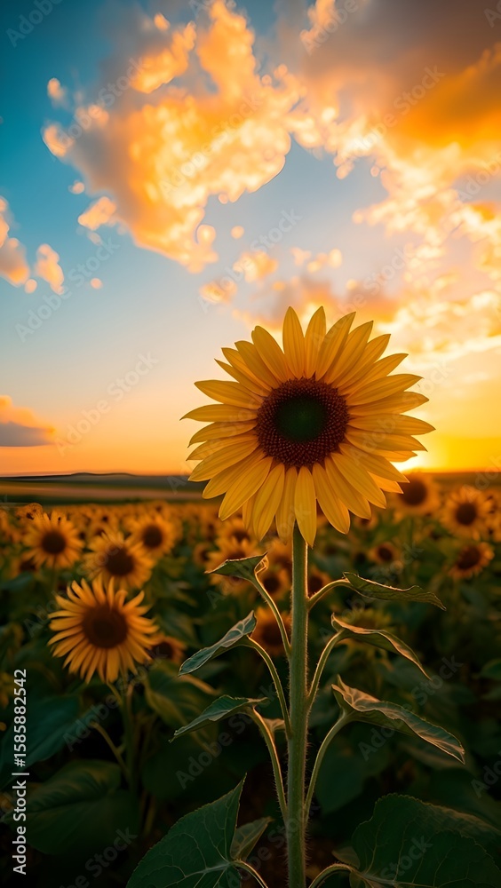 Obraz premium Golden Hour Sunflowers: A vibrant field bathed in the warm glow of sunset, with a prominent sunflower reaching towards the colorful sky.
