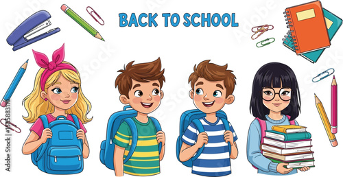 Cartoon illustration showcases happy students with backpacks and school supplies, perfect for back to school themes, educational materials, and children's book illustrations.