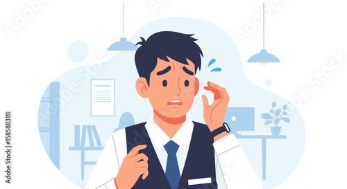 An illustration of a worried businessman experiencing stress and anxiety in a modern office environment, feeling overwhelmed by pressure.