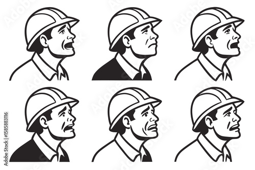 Distressed workers hard hats looking up worried concerned
