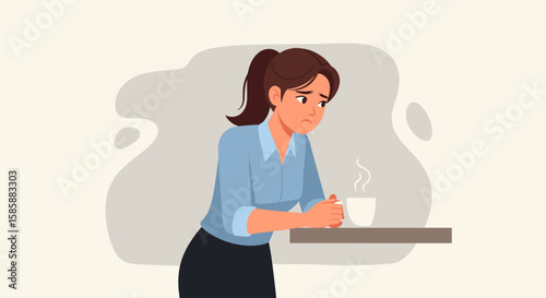 A young woman in a blue shirt and black skirt leans on a table with a steaming mug, her expression conveying sadness and introspection in a minimalist setting.