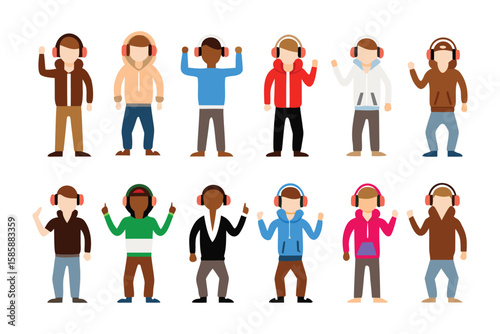 Vibrant Sounds: A collection of individuals in a variety of attire all using headphones and dancing joyfully, conveying a sense of enjoyment and musical celebration.