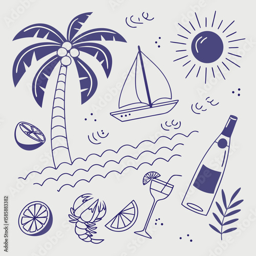 Charming seamless tropical vacation icon set with palm trees, coconuts, fruity drinks, and boats. Hand-drawn summer design for lifestyle branding, textile patterns, and product packaging.

