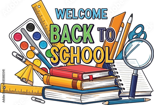 Welcome back to school with a vibrant cartoon illustration featuring books, rulers, paints, pencils, and a magnifying glass, perfect for educational themes and designs.