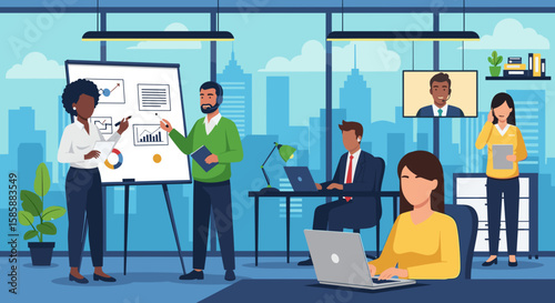 Diverse team collaborates in a modern office, presenting data on a whiteboard, while remote colleagues connect via video call, fostering teamwork and innovation.