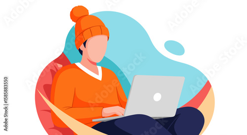 A person wearing a beanie and sweater sits comfortably in a beanbag chair, working on a laptop computer with a relaxed expression.