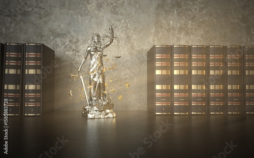 3D illustration Lady Justice Statue Flying Stardust