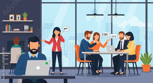 An engaging illustration showcasing diverse professionals collaborating and working productively in a modern, spacious office environment with city views.