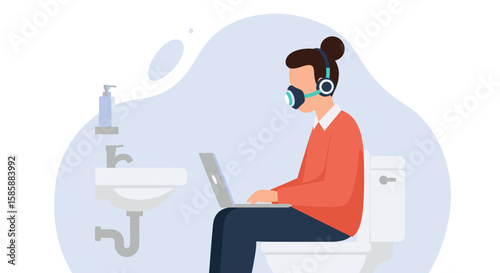 A focused person wearing headphones works remotely on a laptop while sitting on a toilet in a modern bathroom setting.