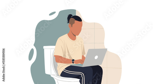 An illustrated person sits on a toilet, engrossed in their laptop, highlighting modern digital habits and multitasking in private spaces.