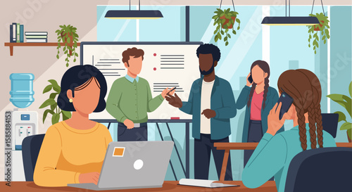 A diverse group of business professionals collaborating in a modern office setting, discussing ideas near a whiteboard with a water cooler and plants.