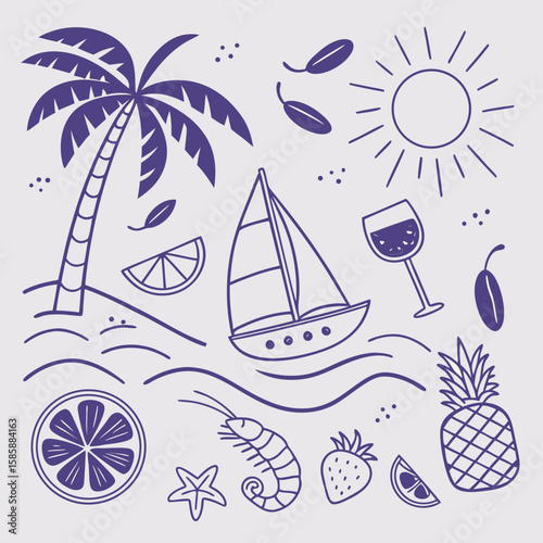 Fun and vibrant tropical summer pattern with hand-drawn boats, cocktails, coconuts, and palm trees. Seamless vacation design for creative seasonal branding, prints, and web graphics.


