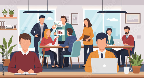 Diverse team collaborates on a project in a modern office, discussing charts and ideas with enthusiasm and professionalism.