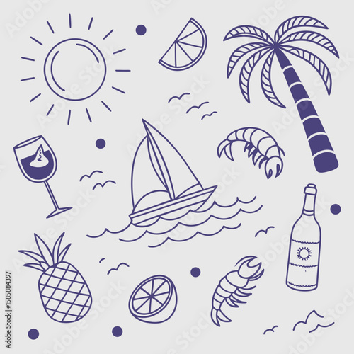 Playful tropical island design featuring hand-drawn cocktails, coconuts, palm trees, and sailing boats. Seamless summer vacation pattern perfect for branding, prints, and digital graphics.

