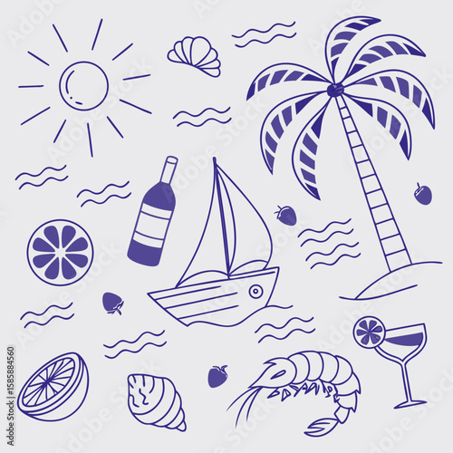 Fun and stylish summer vacation illustration with fruity drinks, boats, coconuts, and tropical palms. Hand-drawn outline icons in a seamless layout for trendy branding and product designs.

