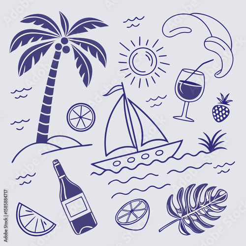 Seamless tropical island design with hand-drawn fruity cocktails, boats, coconuts, and palm leaves. Playful vacation icons for creative fashion, lifestyle prints, and digital asset collections.

