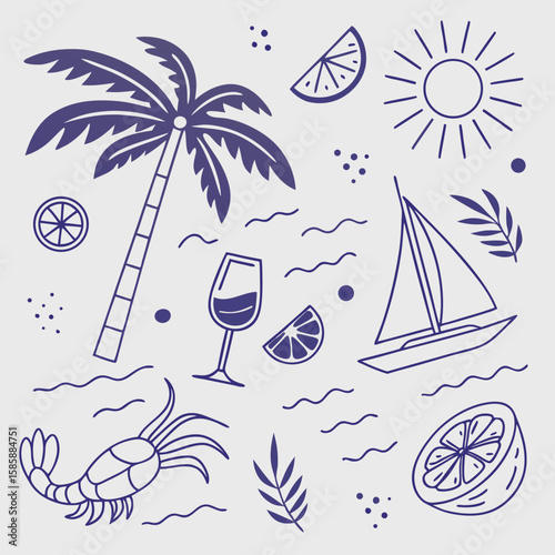 Tropical island vacation theme with boats, fruits, coconuts, and palm trees in hand-drawn style. Seamless summer pattern for creative seasonal packaging, branding, and lifestyle prints.


