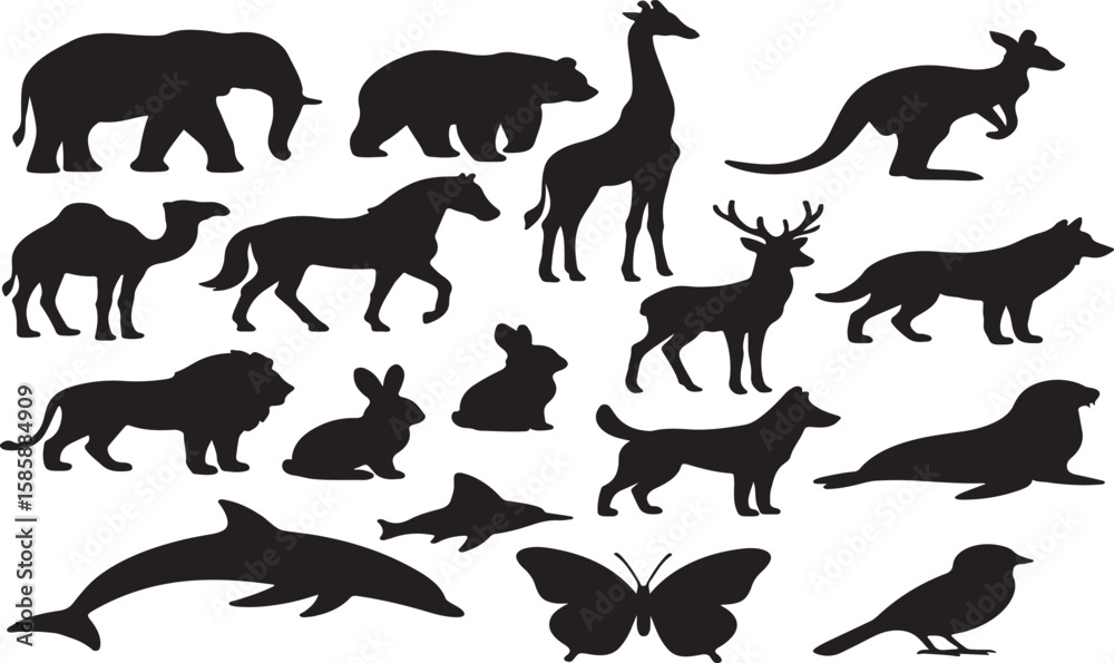 Obraz premium A diverse vector set of black animal silhouettes, including common wild mammals like dogs, cats, horses, bears, elephants, wolves, tigers, lions, deer, foxes, and cows